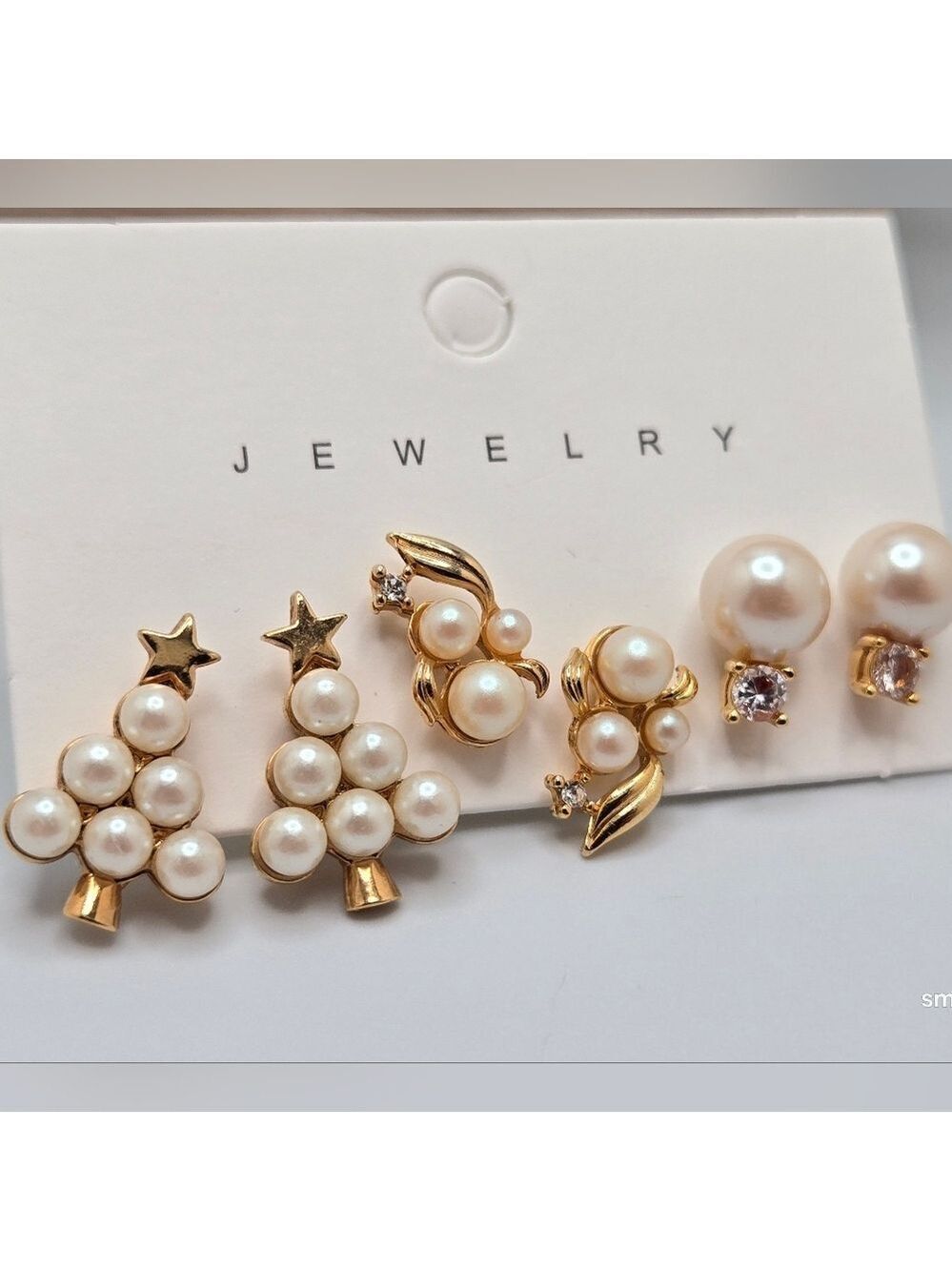 Lot of Gold-Tone & Faux Pearl Stud Earring w/ Christmas Tree Pair 1/2'' across
